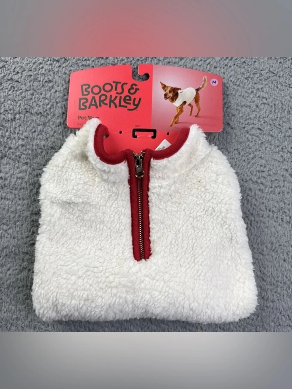 NEW-Medium Sherpa Pet Vest Faux Shearling Zipper with Red Trim Fleece Dog Vest